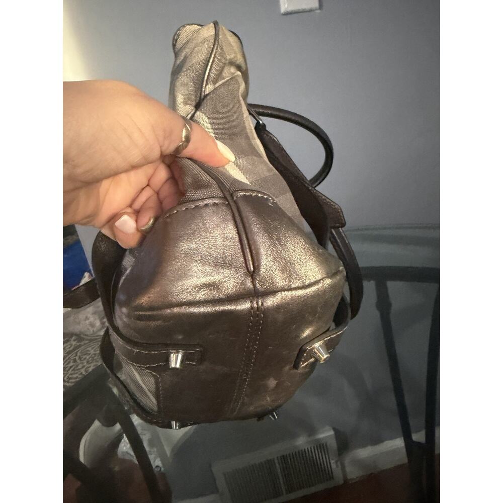 Burberry Shimmer Check Gray Canvas Leather Handle Shoulder Bag Authentic - Picture 9 of 13